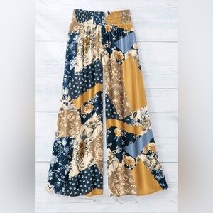 Coldwater creek patchwork yellow mustard floral wide leg pants size large